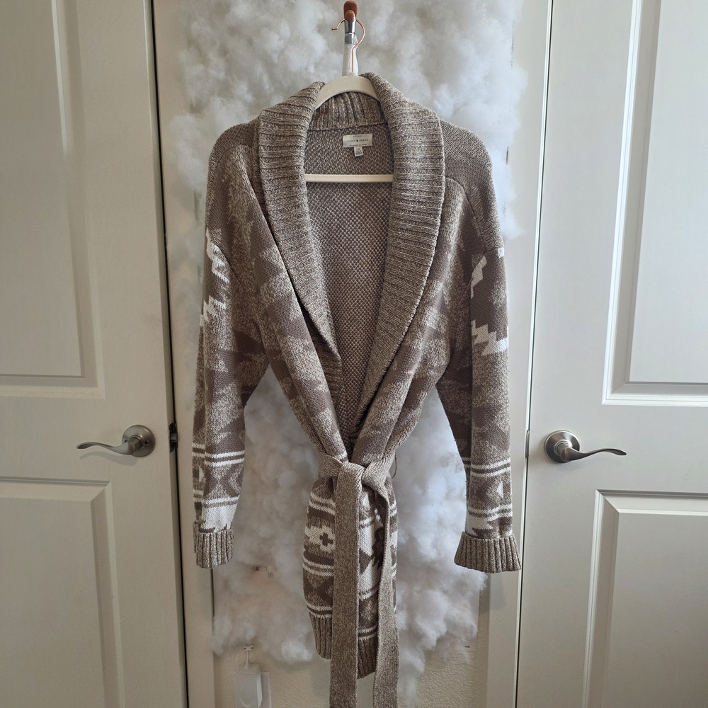 Lucky Brand Taupe and Cream Belted Shawl Collar Cardigan